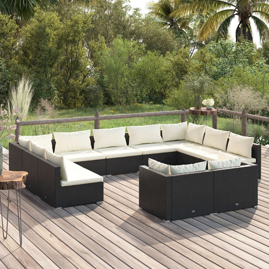 vidaXL 11 Piece Patio Lounge Set with Cushions Black Poly Rattan-0