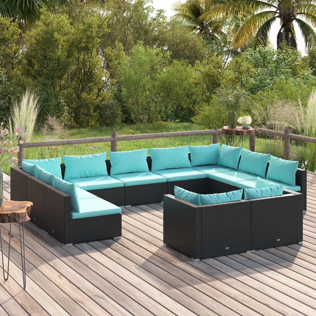 vidaXL 11 Piece Patio Lounge Set with Cushions Black Poly Rattan-0