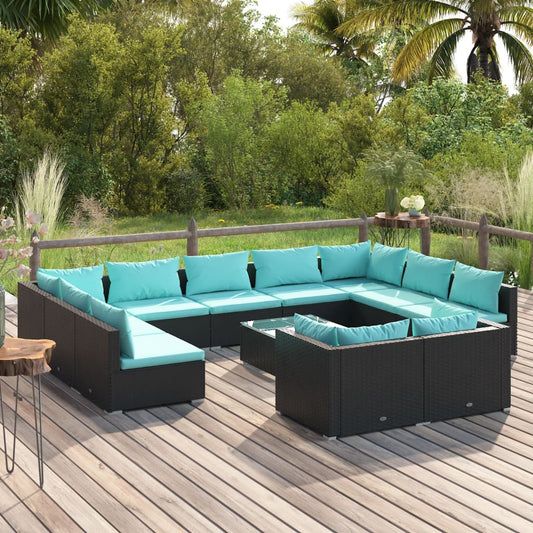 vidaXL 12 Piece Patio Lounge Set with Cushions Black Poly Rattan-0