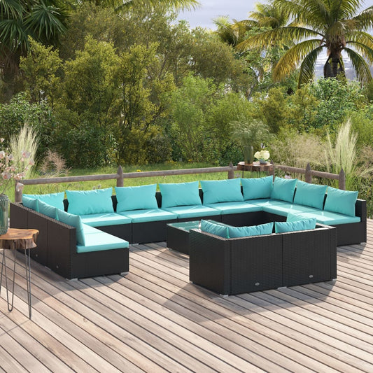 vidaXL 13 Piece Patio Lounge Set with Cushions Black Poly Rattan-0