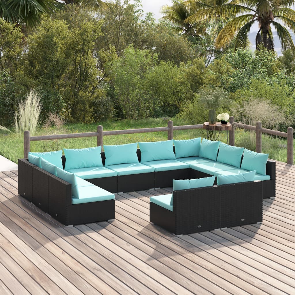 vidaXL 11 Piece Patio Lounge Set with Cushions Black Poly Rattan-0