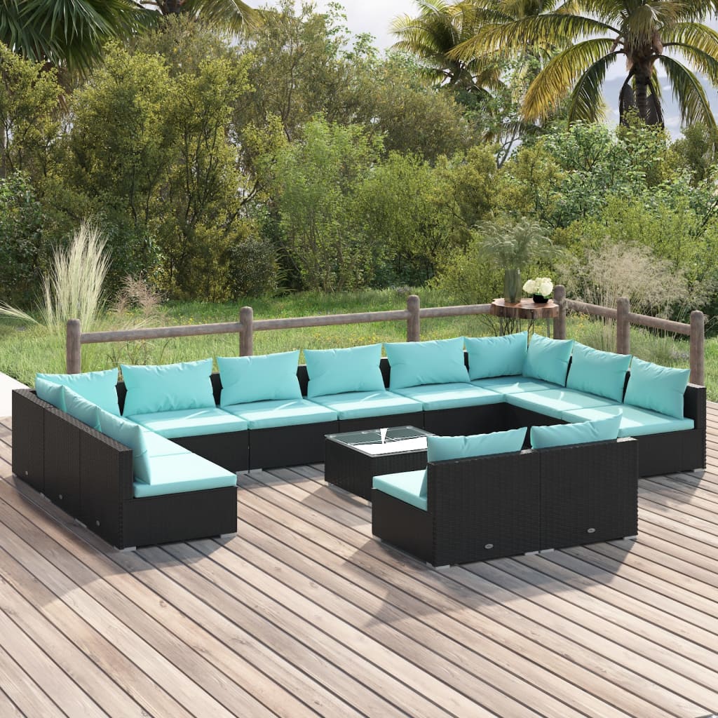 vidaXL 13 Piece Patio Lounge Set with Cushions Black Poly Rattan-0