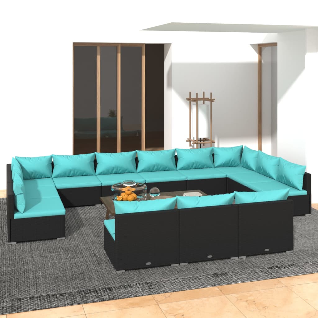 vidaXL 13 Piece Patio Lounge Set with Cushions Black Poly Rattan-0