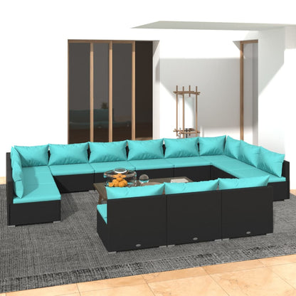 vidaXL 13 Piece Patio Lounge Set with Cushions Black Poly Rattan-0