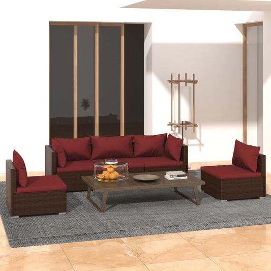 vidaXL 5 Piece Patio Lounge Set with Cushions Poly Rattan Brown-0