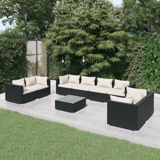 vidaXL 9 Piece Patio Lounge Set with Cushions Poly Rattan Black-0
