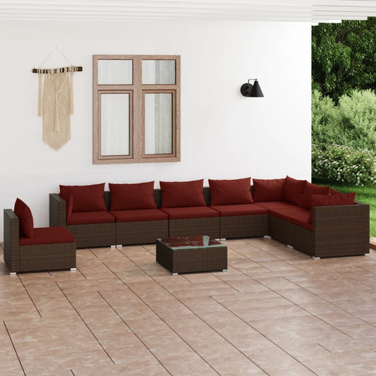 vidaXL 9 Piece Patio Lounge Set with Cushions Poly Rattan Brown-0