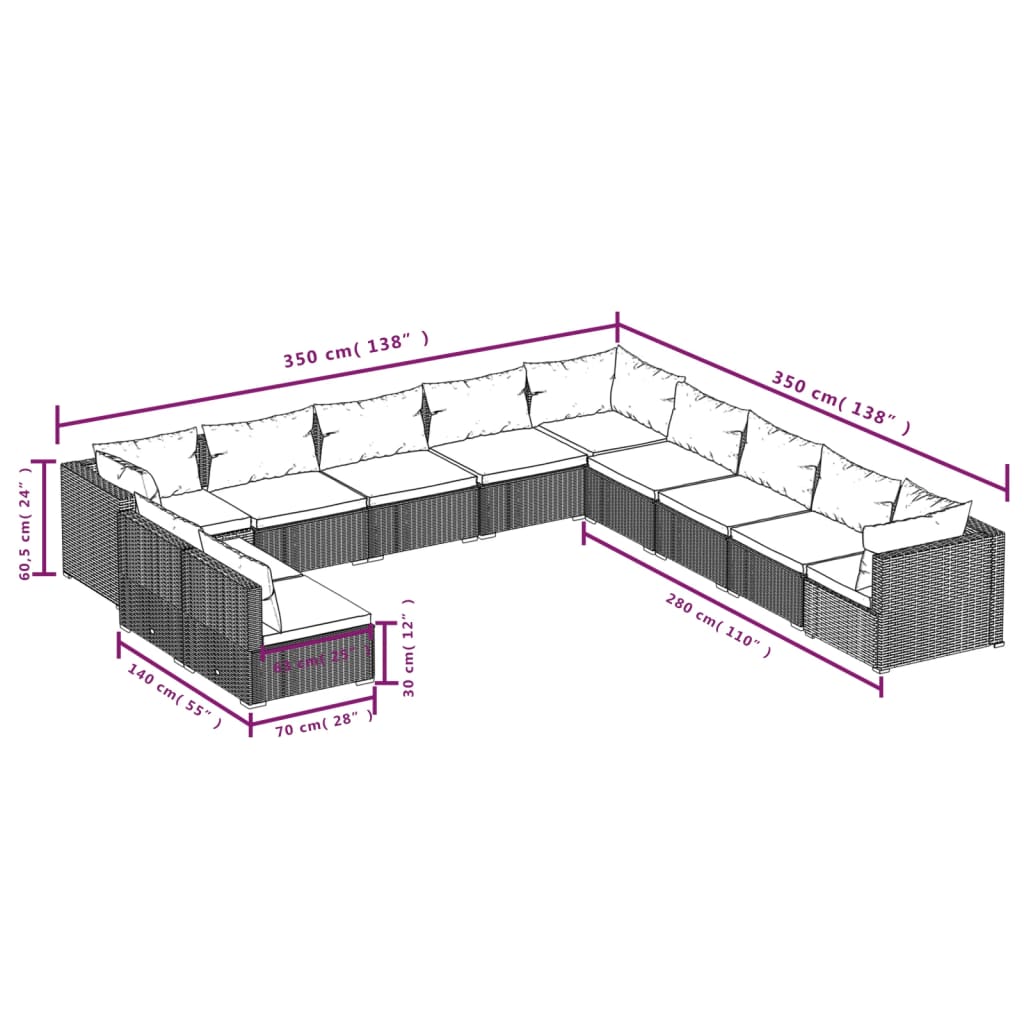 vidaXL 11 Piece Patio Lounge Set with Cushions Brown Poly Rattan-3