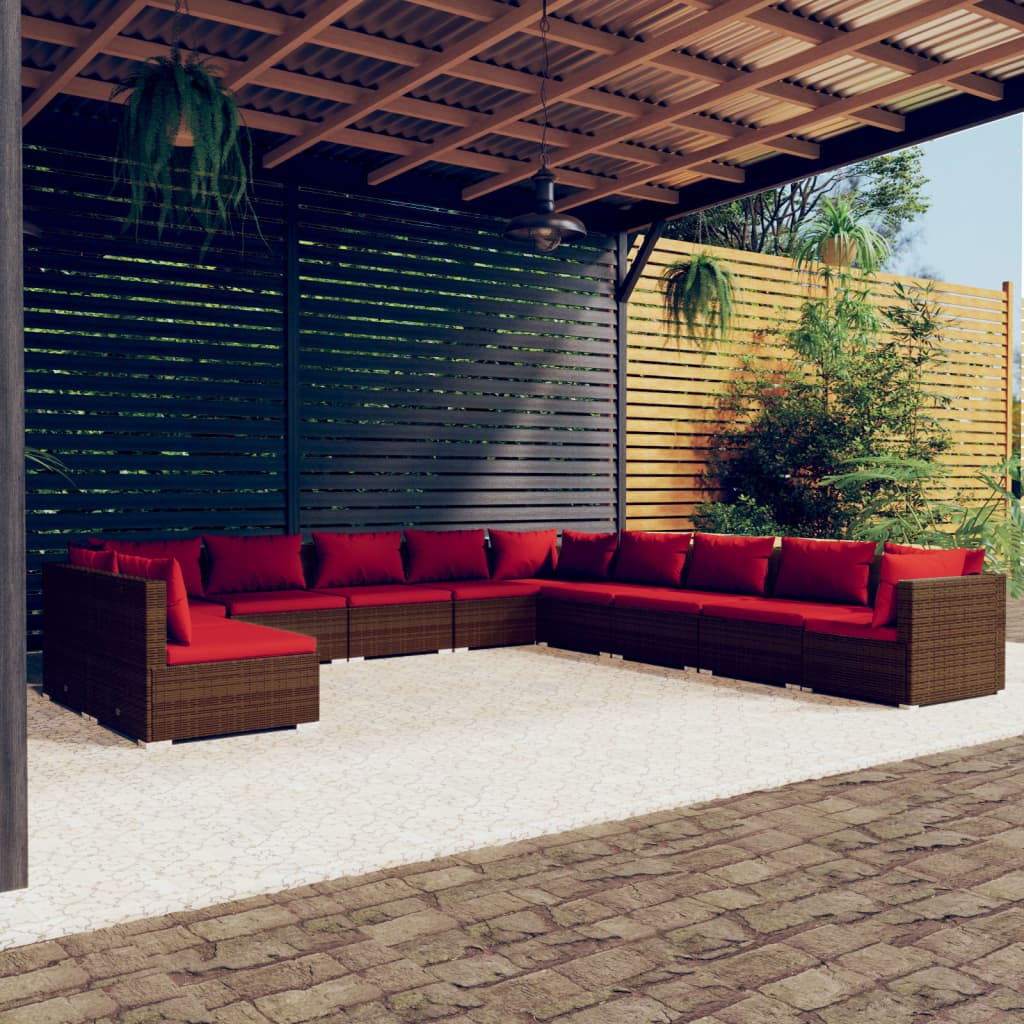 vidaXL 11 Piece Patio Lounge Set with Cushions Brown Poly Rattan-0