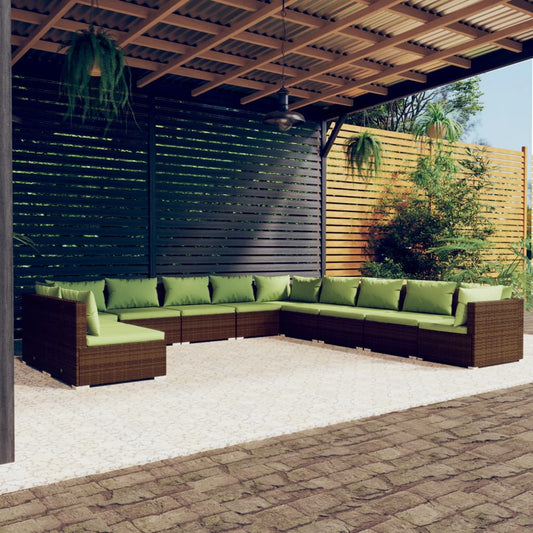 vidaXL 11 Piece Patio Lounge Set with Cushions Brown Poly Rattan-0