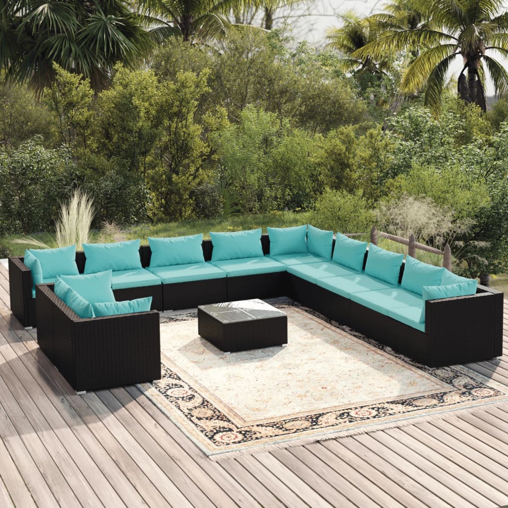 vidaXL 12 Piece Patio Lounge Set with Cushions Black Poly Rattan-0