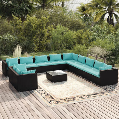 vidaXL 12 Piece Patio Lounge Set with Cushions Black Poly Rattan-0