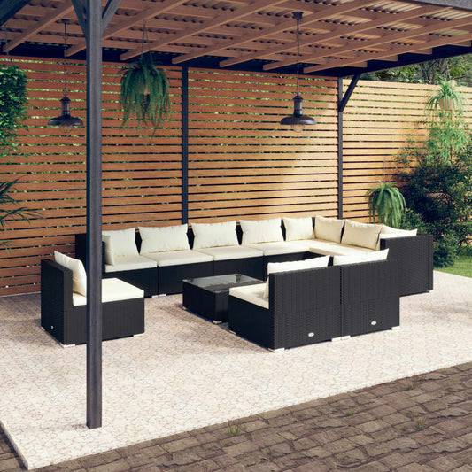 vidaXL 11 Piece Patio Lounge Set with Cushions Poly Rattan Black-0