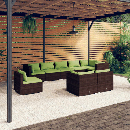 vidaXL 9 Piece Patio Lounge Set with Cushions Poly Rattan Brown-0
