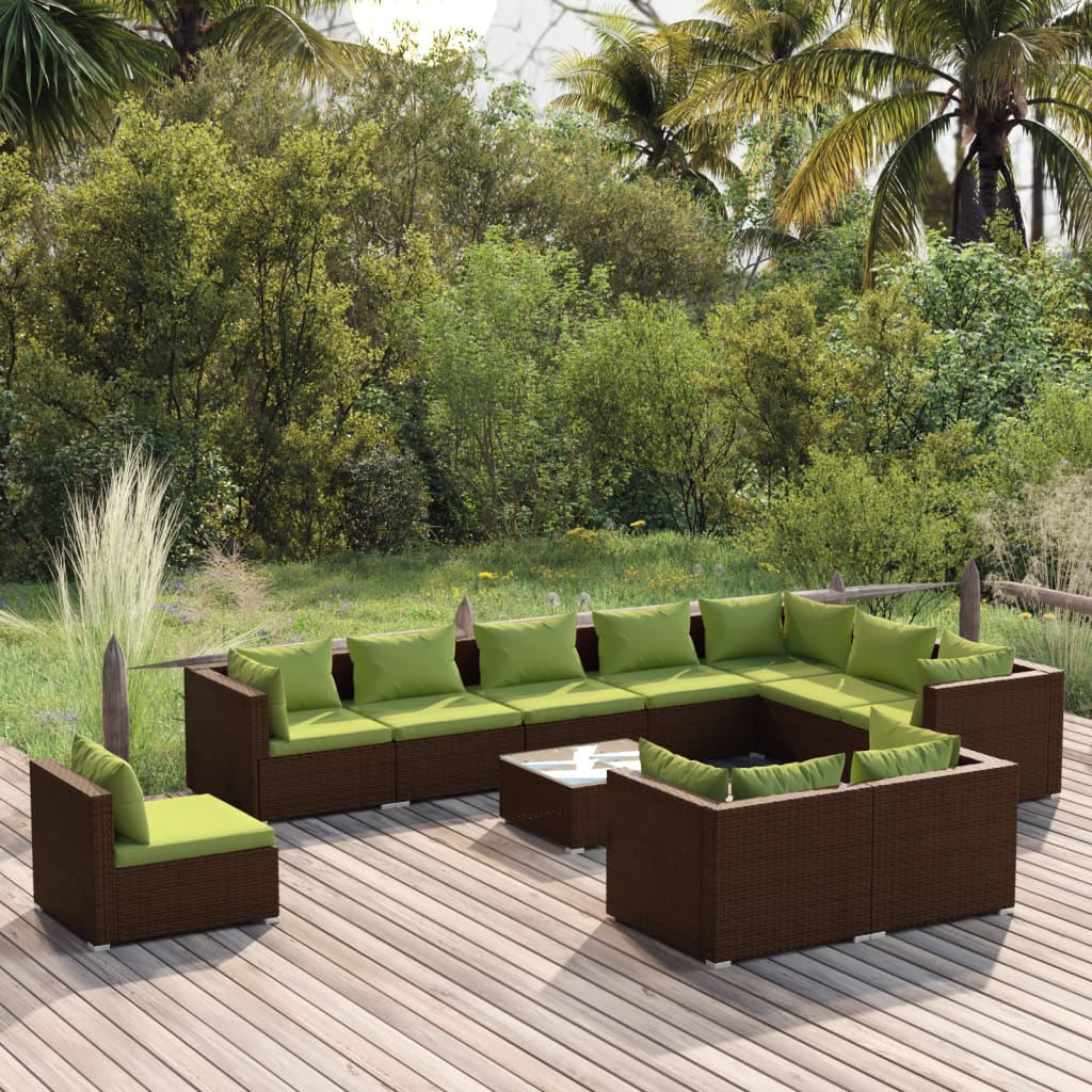 vidaXL 11 Piece Patio Lounge Set with Cushions Poly Rattan Brown-0