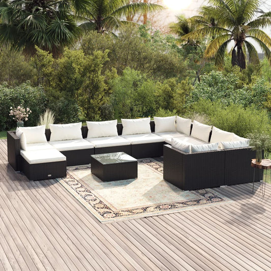 vidaXL 11 Piece Garden Lounge Set with Cushions Poly Rattan Black-0