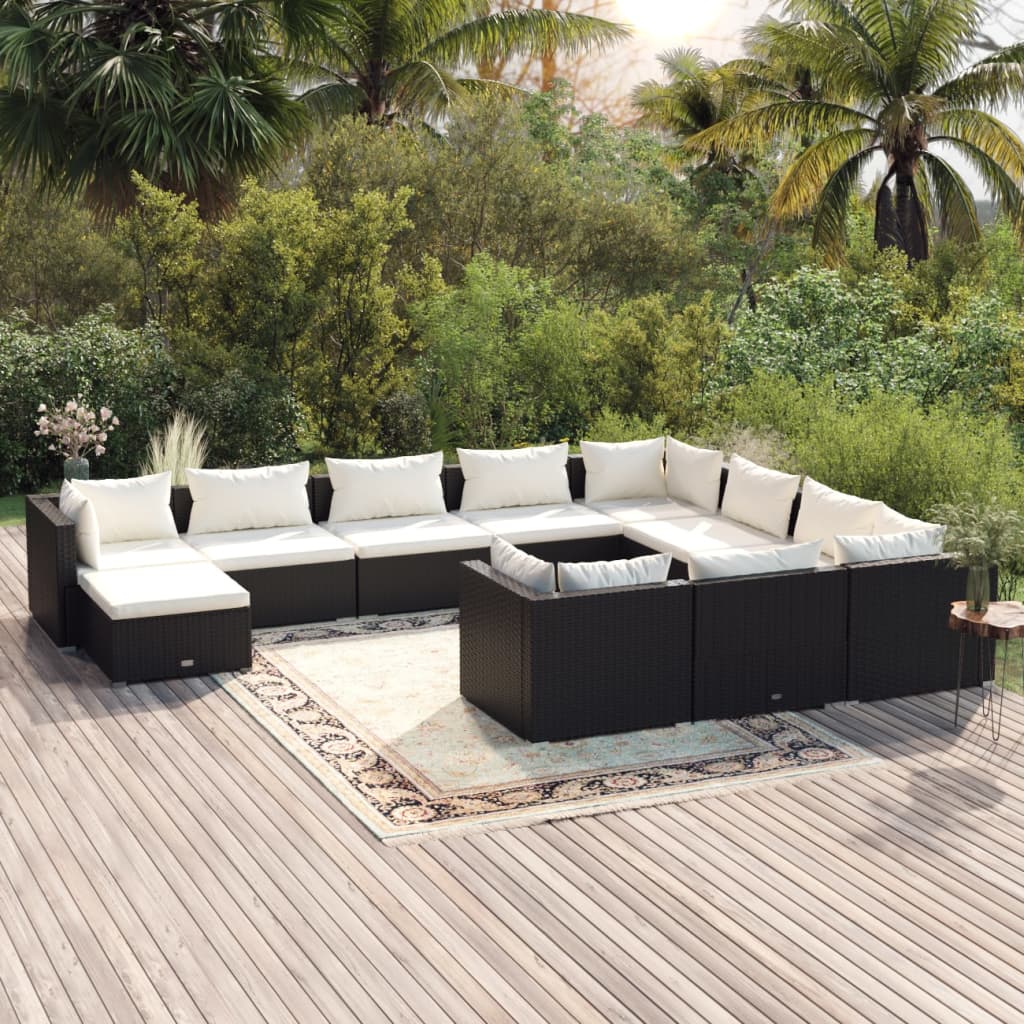 vidaXL 11 Piece Garden Lounge Set with Cushions Poly Rattan Black-0