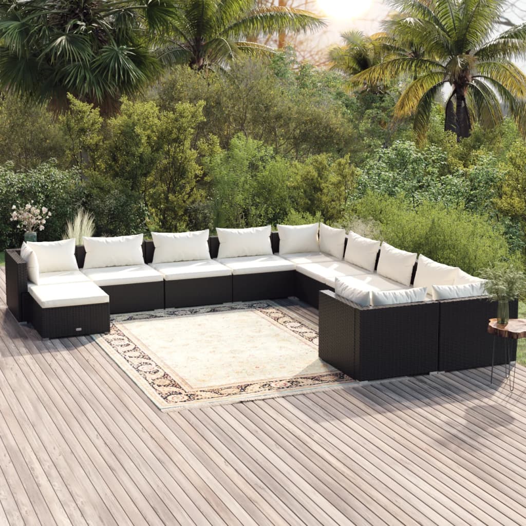 vidaXL 11 Piece Garden Lounge Set with Cushions Poly Rattan Black-0