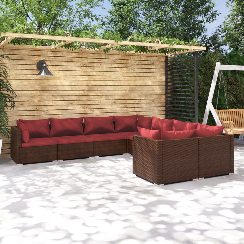 vidaXL 8 Piece Patio Lounge Set with Cushions Poly Rattan Brown-0