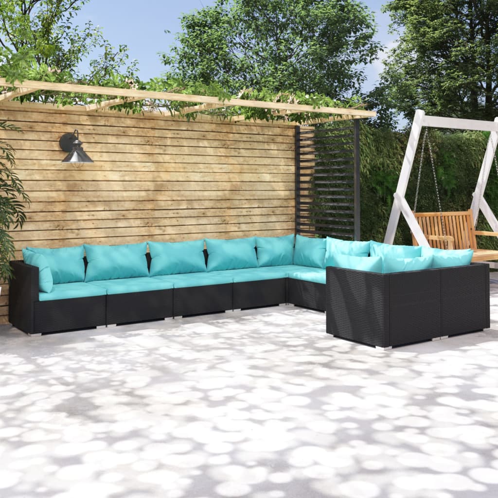 vidaXL 9 Piece Patio Lounge Set with Cushions Poly Rattan Black-0