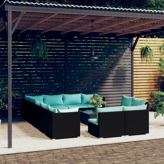vidaXL 13 Piece Patio Lounge Set with Cushions Black Poly Rattan-0