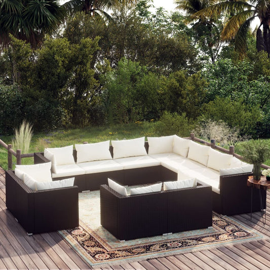 vidaXL 11 Piece Patio Lounge Set with Cushions Black Poly Rattan-0