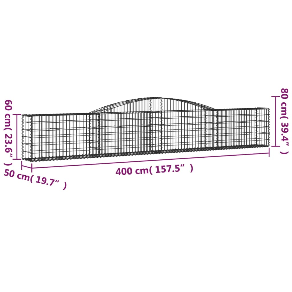 vidaXL Arched Gabion Baskets 9 pcs 157.5"x19.7"x23.6"/31.5" Galvanized Iron-3