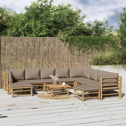 vidaXL 11 Piece Patio Lounge Set with Taupe Cushions Bamboo-0