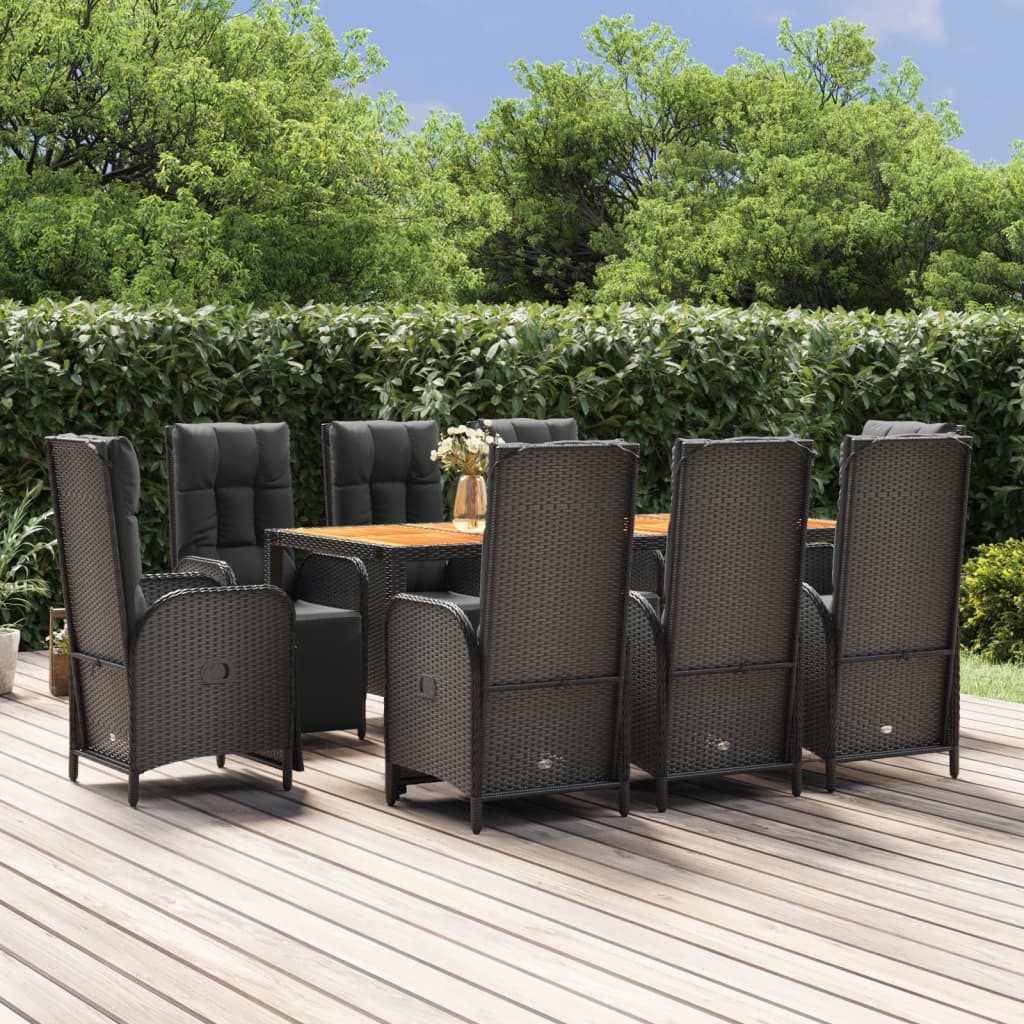 vidaXL 9 Piece Patio Dining Set with Cushions Black Poly Rattan-0