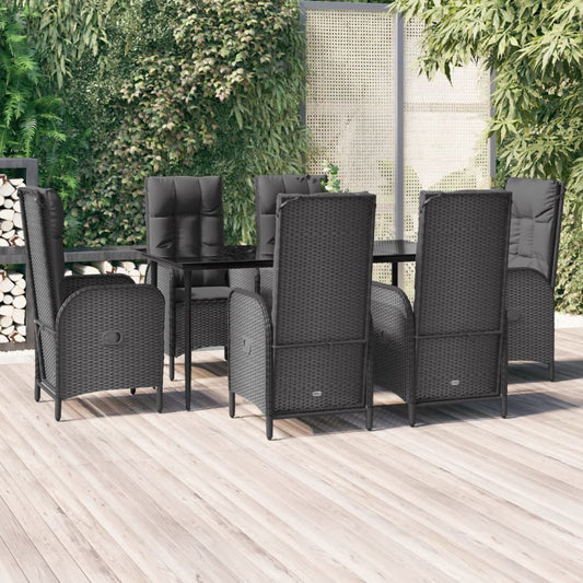 Modern 7-piece black poly rattan garden dining set with cushions and tempered glass table.