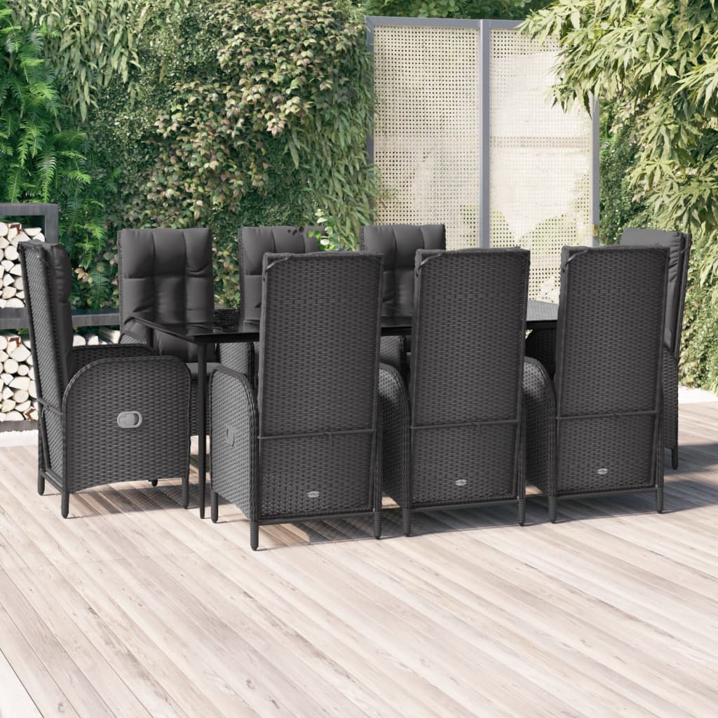 vidaXL 9 Piece Patio Dining Set with Cushions Black Poly Rattan-0