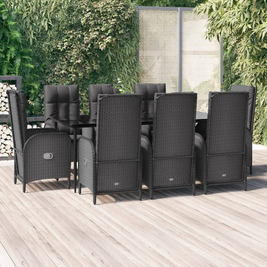vidaXL 9 Piece Patio Dining Set with Cushions Black Poly Rattan-0