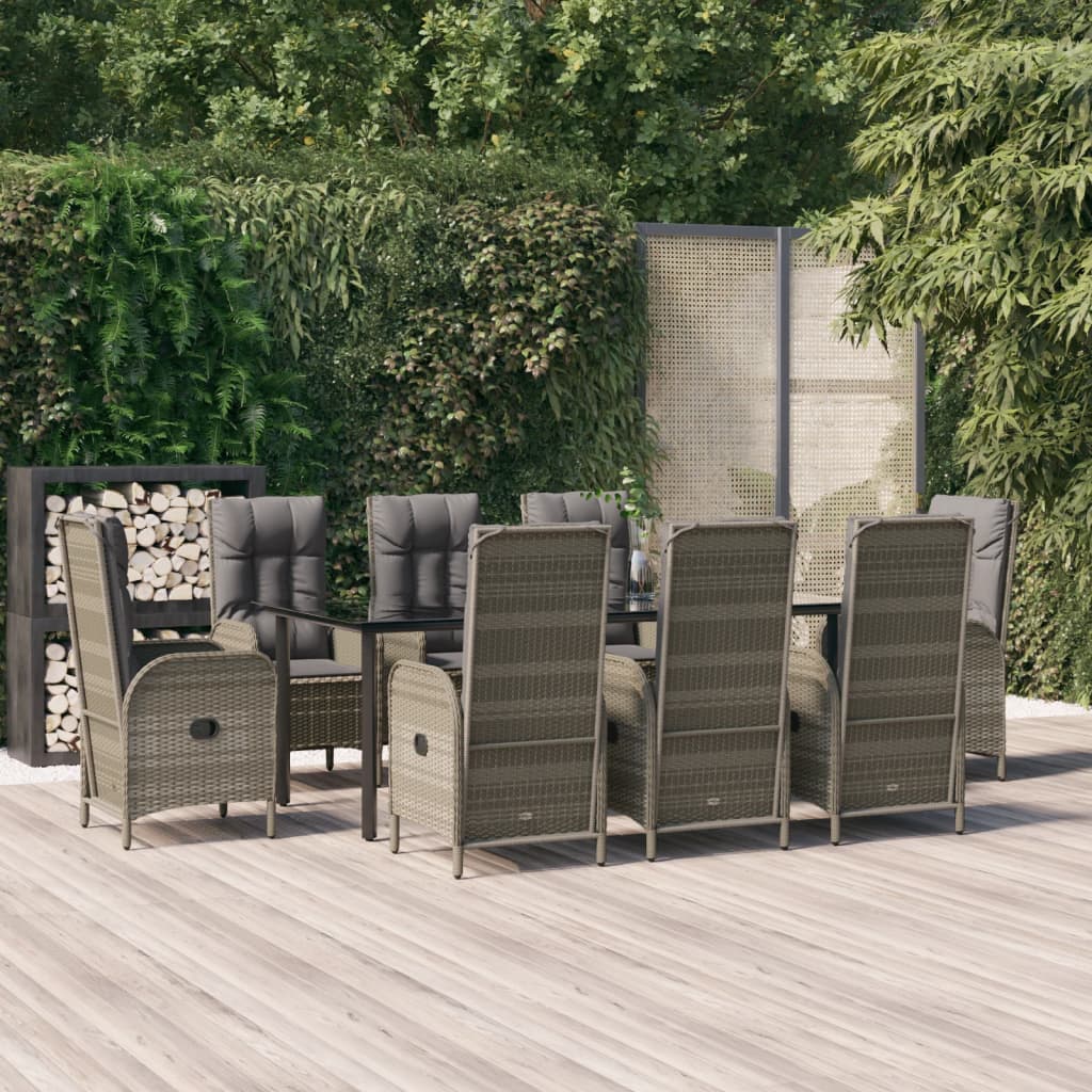vidaXL 9 Piece Patio Dining Set with Cushions Black and Gray Poly Rattan-0
