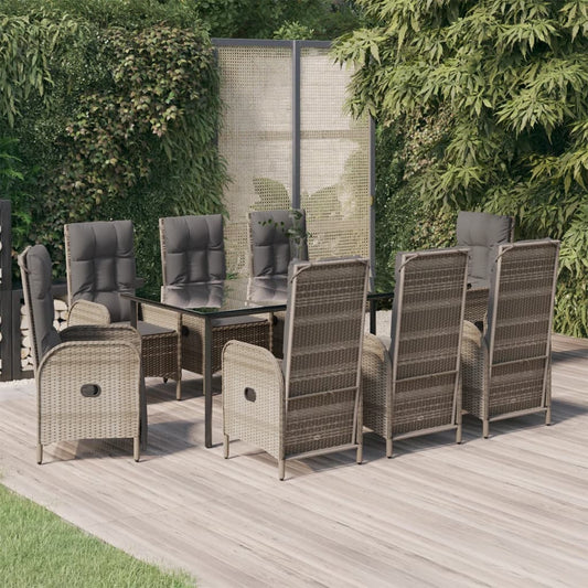 vidaXL 9 Piece Patio Dining Set with Cushions Black and Gray Poly Rattan-0