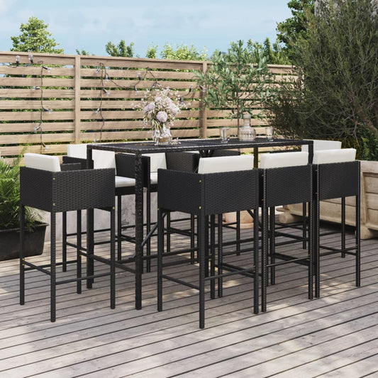 9-piece black poly rattan garden bar set