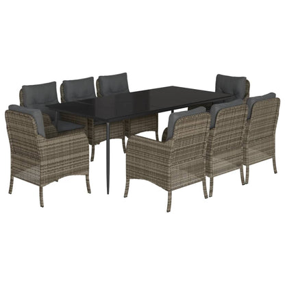 vidaXL 9 Piece Patio Dining Set with Cushions Gray Poly Rattan-1
