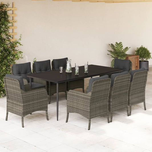 vidaXL 9 Piece Patio Dining Set with Cushions Gray Poly Rattan-0
