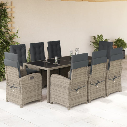 vidaXL 9 Piece Patio Dining Set with Cushions Gray Poly Rattan-0