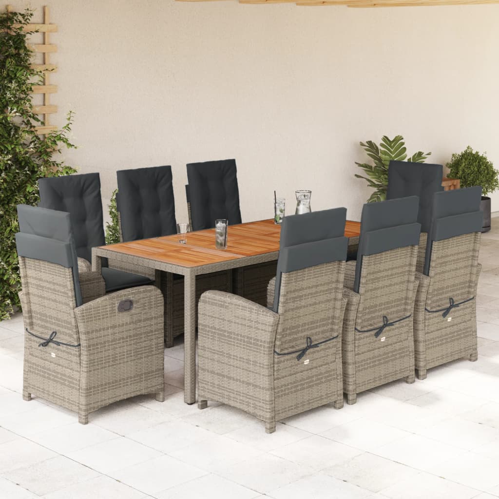 vidaXL 9 Piece Patio Dining Set with Cushions Gray Poly Rattan-0