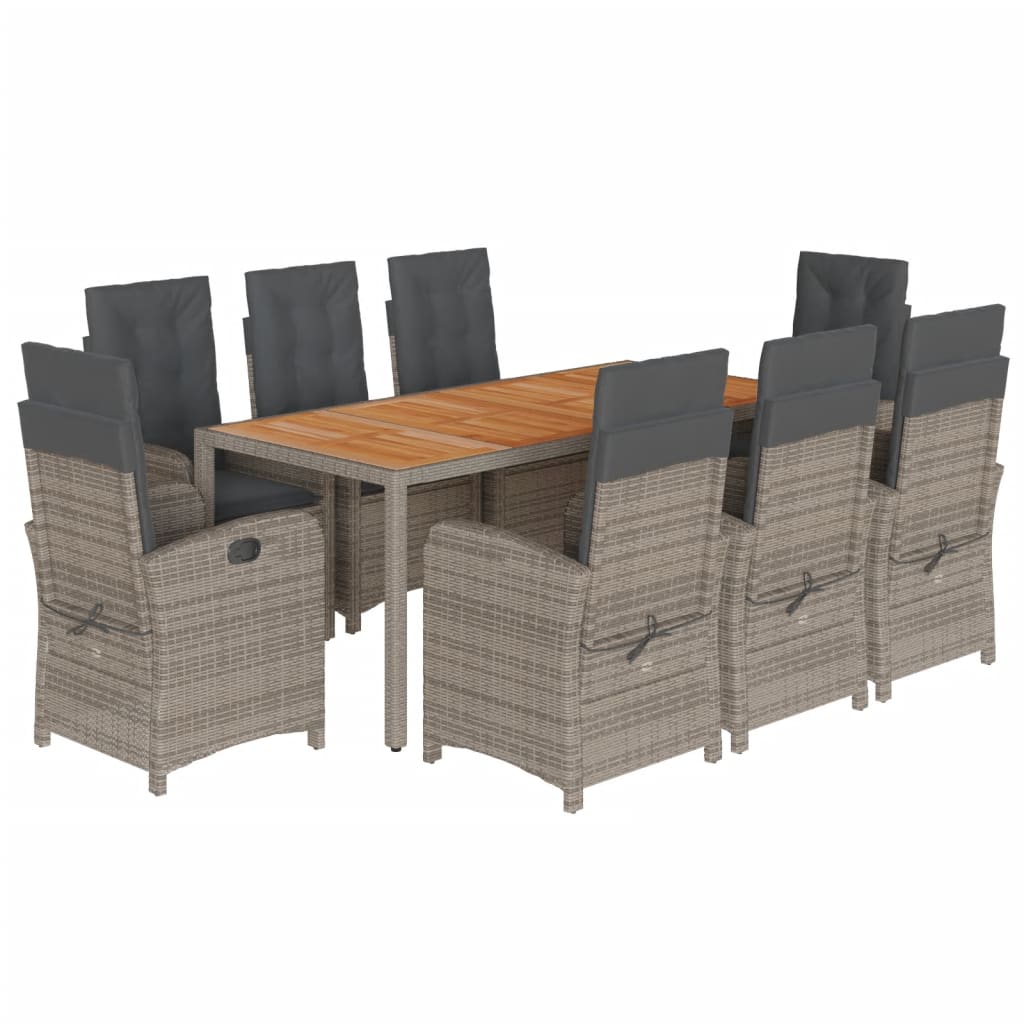 vidaXL 9 Piece Patio Dining Set with Cushions Gray Poly Rattan-2