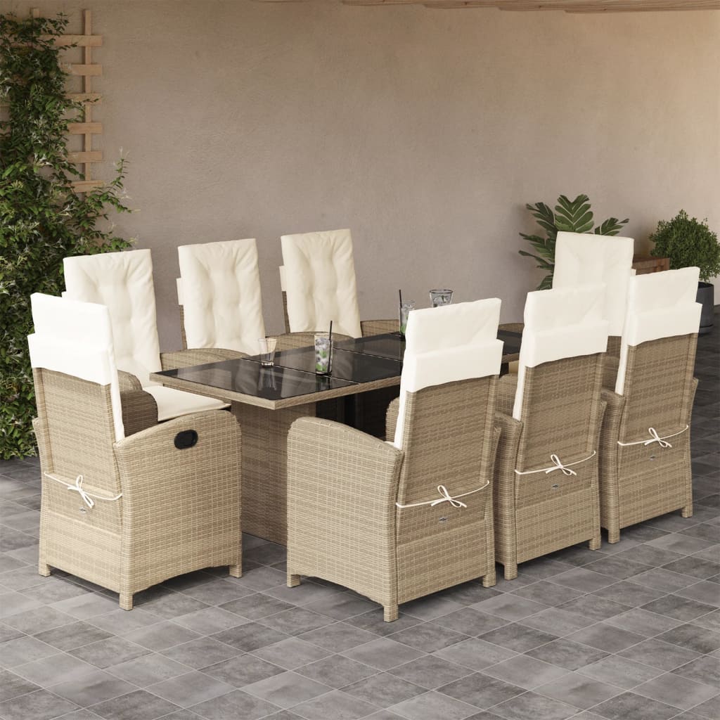 vidaXL 9 Piece Patio Dining Set with Cushions Beige Poly Rattan-0