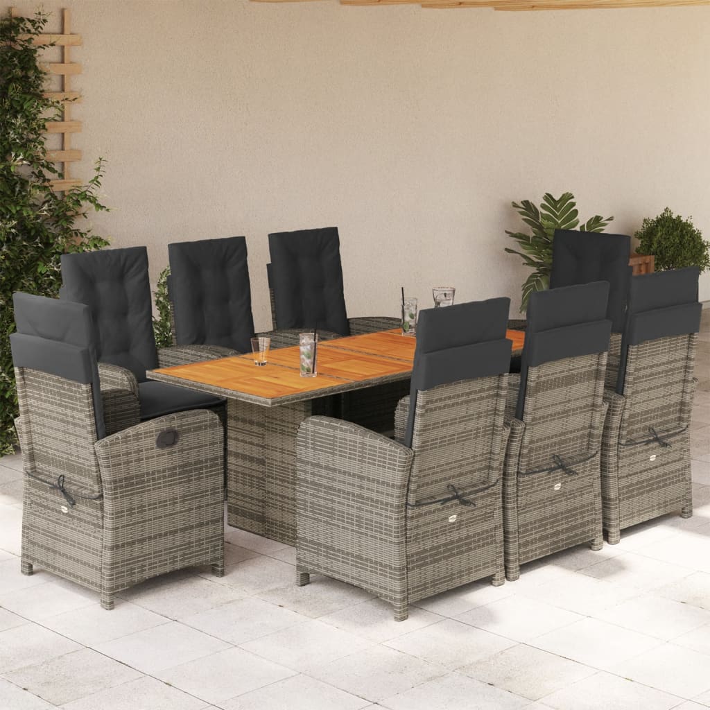 vidaXL 9 Piece Patio Dining Set with Cushions Gray Poly Rattan-0