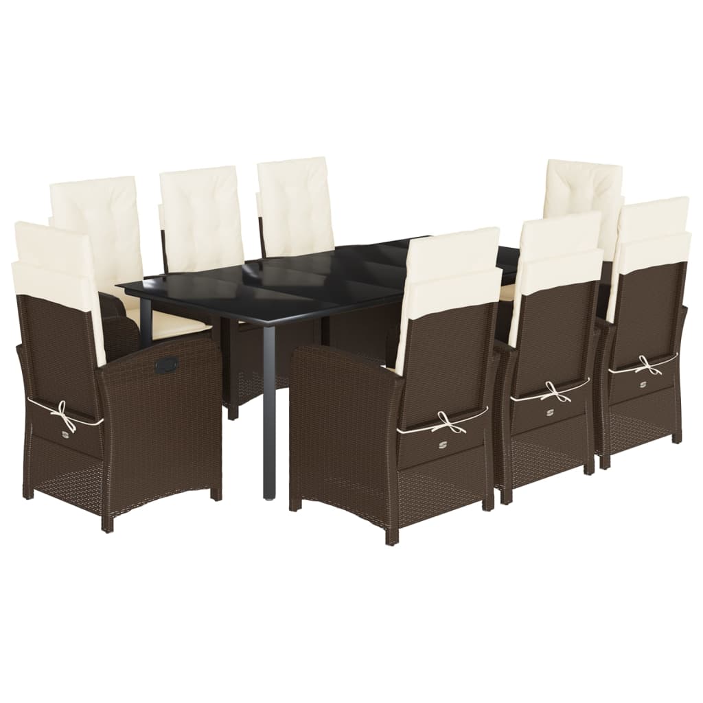 vidaXL 9 Piece Patio Dining Set with Cushions Brown Poly Rattan-2