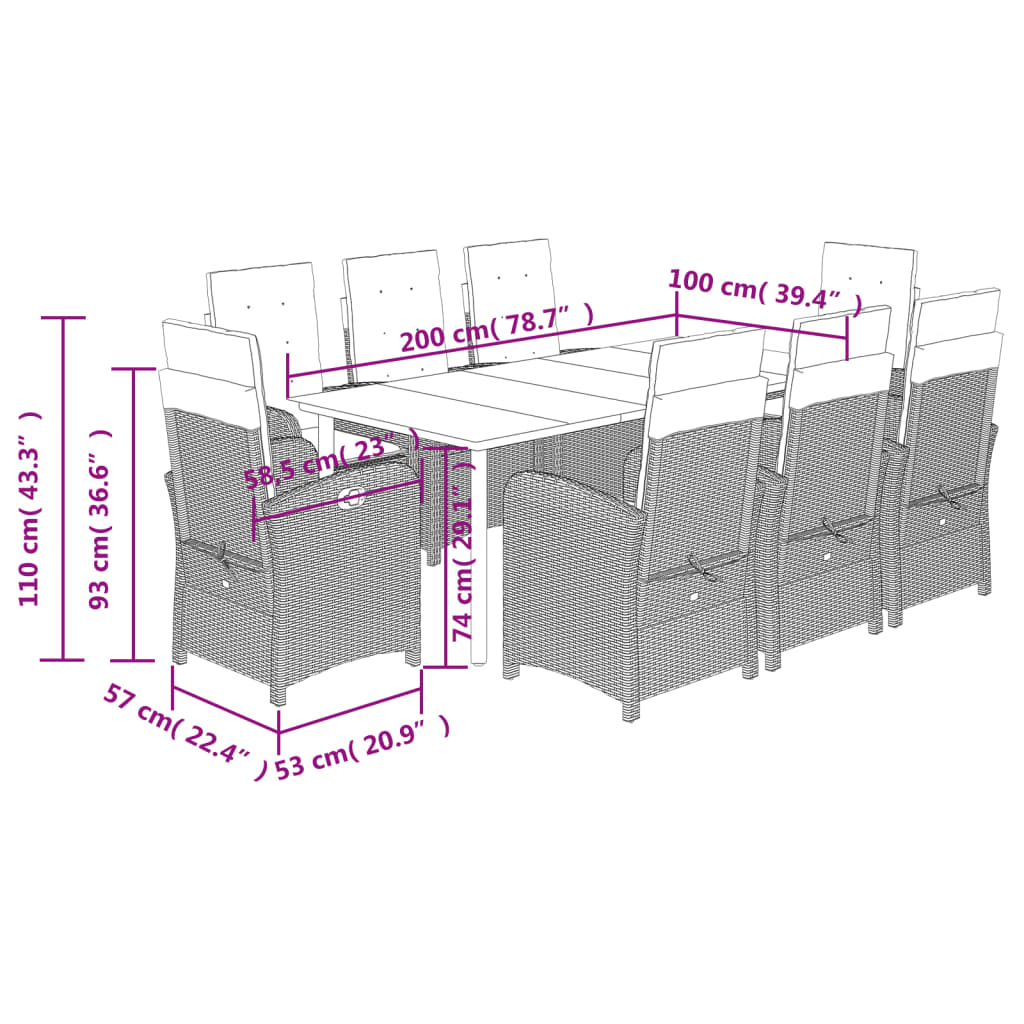 vidaXL 9 Piece Patio Dining Set with Cushions Brown Poly Rattan-3