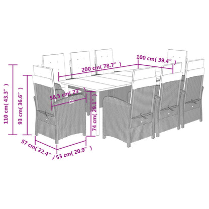 vidaXL 9 Piece Patio Dining Set with Cushions Brown Poly Rattan-3