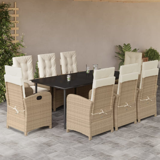 vidaXL 9 Piece Patio Dining Set with Cushions Beige Poly Rattan-0