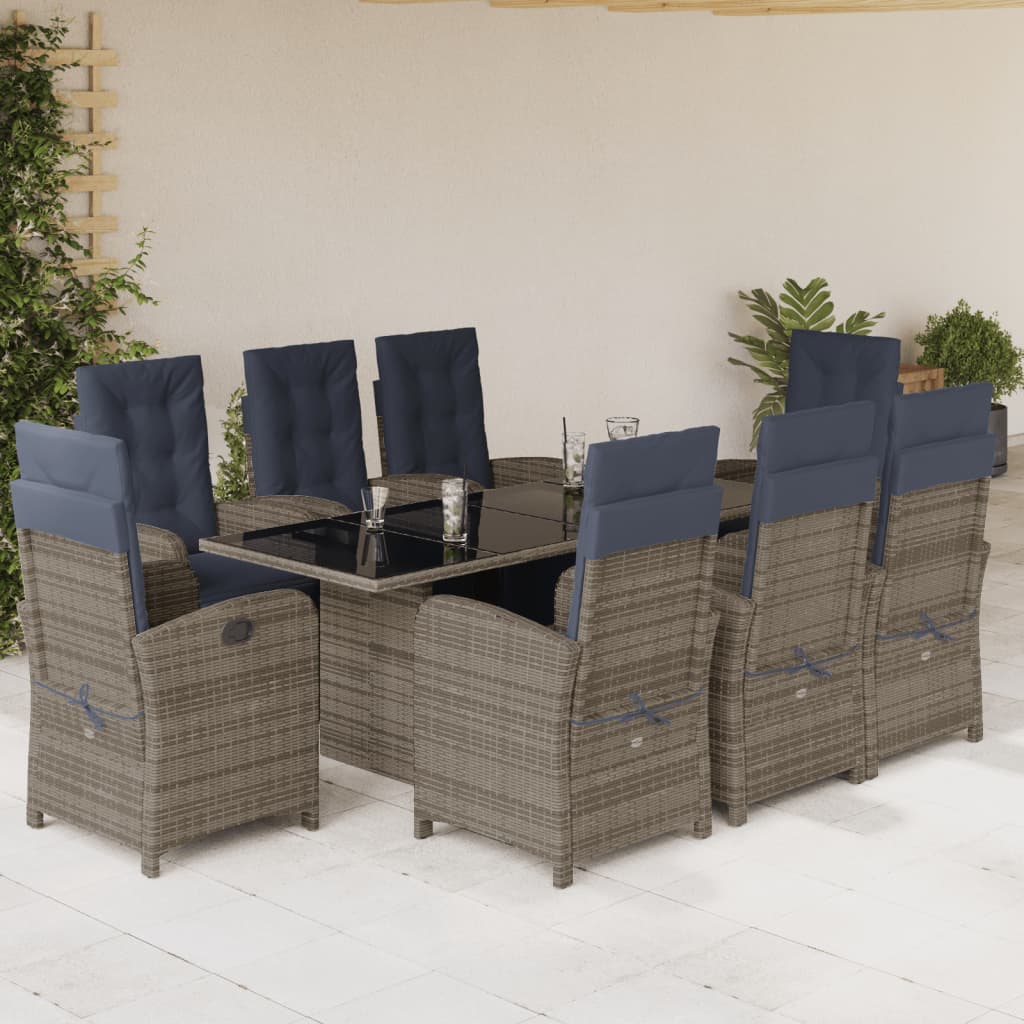 vidaXL 9 Piece Patio Dining Set with Cushions Gray Poly Rattan-0
