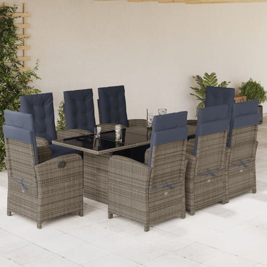 vidaXL 9 Piece Patio Dining Set with Cushions Gray Poly Rattan-0
