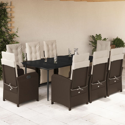 vidaXL 9 Piece Patio Dining Set with Cushions Brown Poly Rattan-0