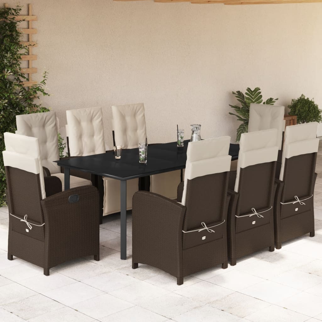 vidaXL 9 Piece Patio Dining Set with Cushions Brown Poly Rattan-0